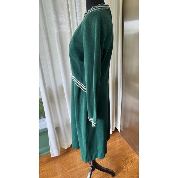 Vintage 60s dress, forest green, mock waistcoat, faux vest bodice, striped trim - Picture 4 of 10
